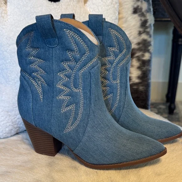 New Denim Western Ankle Boots - Picture 1 of 6